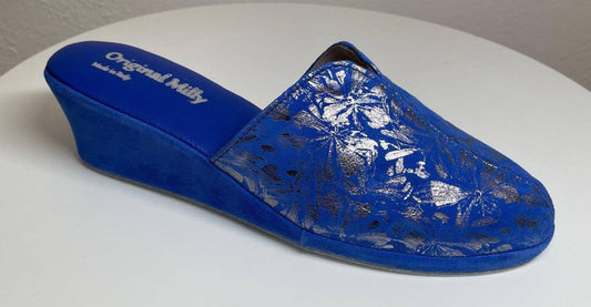 0004 Camoscio Blu a Fiori Suola Bufalo Ciabatte da camera Donna Original Milly Made in Italy
