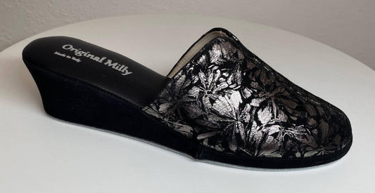 0004 Camoscio Nero a Fiori Suola Bufalo Ciabatte da camera Donna Original Milly Made in Italy