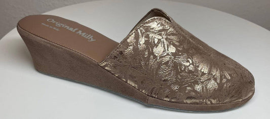 0004 Camoscio Taupe a Fiori Suola Bufalo Ciabatte da camera Donna Original Milly Made in Italy