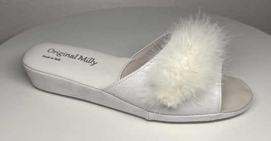 0028 Camoscio Bianco con Piuma Suola Bufalo Ciabatte da camera Donna Original Milly Made in Italy