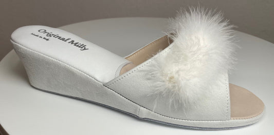 0029 Camoscio Bianco con Piuma Suola Bufalo Ciabatte da camera Donna Original Milly Made in Italy