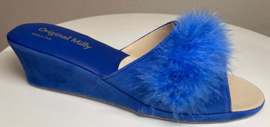0029 Camoscio Blu con Piuma Suola Bufalo Ciabatte da camera Donna Original Milly Made in Italy