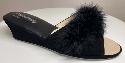 0029 Camoscio Nero con Piuma Suola Bufalo Ciabatte da camera Donna Original Milly Made in Italy