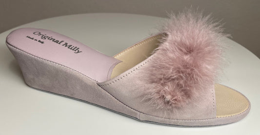 0029 Camoscio Peonia con Piuma Suola Bufalo Ciabatte da camera Donna Original Milly Made in Italy