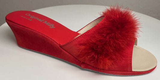 0029 Camoscio Rosso con Piuma Suola Bufalo Ciabatte da camera Donna Original Milly Made in Italy