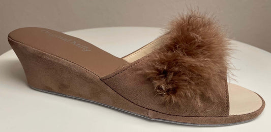 0029 Camoscio Taupe con Piuma Suola Bufalo Ciabatte da camera Donna Original Milly Made in Italy