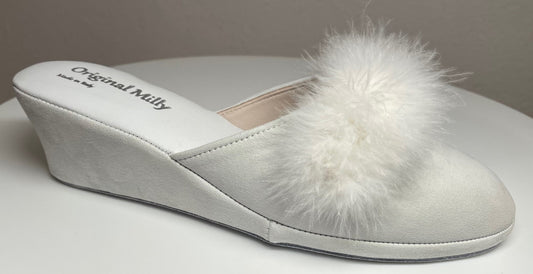 0030 Camoscio Bianco con Piuma Suola Bufalo Ciabatte da camera Donna Original Milly Made in Italy