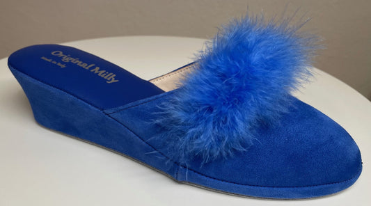 0030 Camoscio Blu con Piuma Suola Bufalo Ciabatte da camera Donna Original Milly Made in Italy