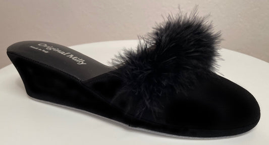 0030 Camoscio Nero con Piuma Suola Bufalo Ciabatte da camera Donna Original Milly Made in Italy