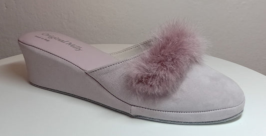 0030 Camoscio Peonia con Piuma Suola Bufalo Ciabatte da camera Donna Original Milly Made in Italy