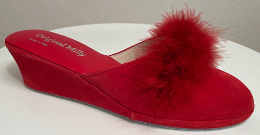 0030 Camoscio Rosso con Piuma Suola Bufalo Ciabatte da camera Donna Original Milly Made in Italy