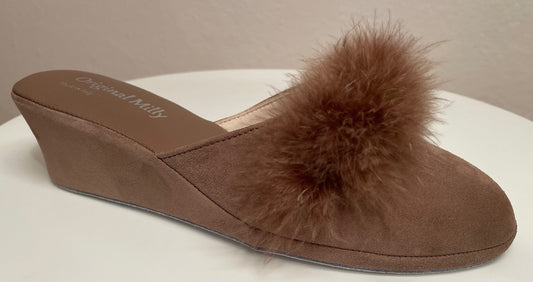 0030 Camoscio Taupe con Piuma Suola Bufalo Ciabatte da camera Donna Original Milly Made in Italy
