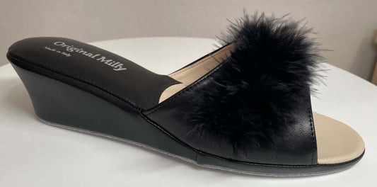 0102 Nappa e Camoscio Nero con Piuma Suola Bufalo Ciabatte da camera Donna Original Milly Made in Italy