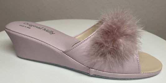 0102 Nappa e Camoscio Peonia con Piuma Suola Bufalo Ciabatte da camera Donna Original Milly Made in Italy