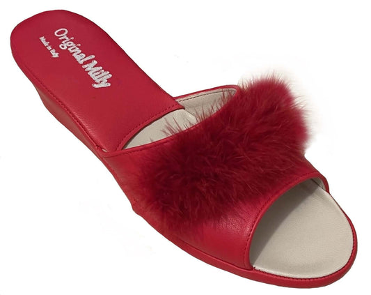 0102 Nappa e Camoscio Rosso con Piuma Suola Bufalo Ciabatte da camera Donna Original Milly Made in Italy