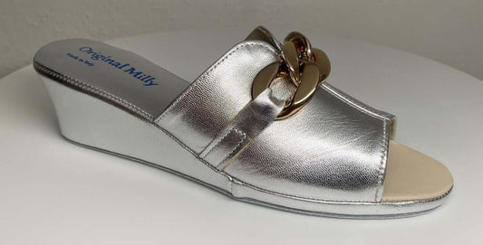 0105 Nappa Argento con catena Suola Bufalo Ciabatte da camera Donna Original Milly Made in Italy