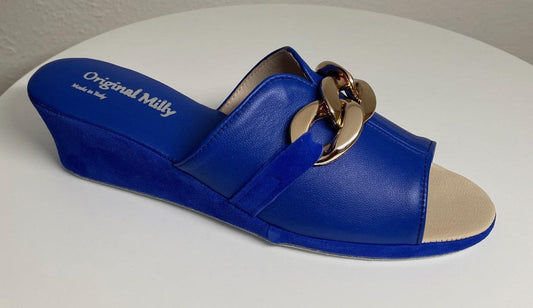 0105 Nappa e Camoscio Blu con catena Suola Bufalo Ciabatte da camera Donna Original Milly Made in Italy
