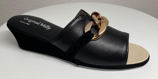 0105 Nappa e Camoscio Nero con catena Suola Bufalo Ciabatte da camera Donna Original Milly Made in Italy