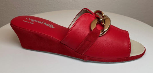 0105 Nappa e Camoscio Rosso con catena Suola Bufalo Ciabatte da camera Donna Original Milly Made in Italy
