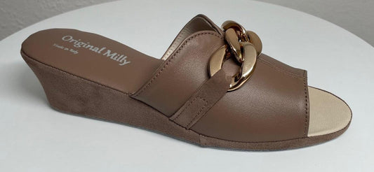 0105 Nappa e Camoscio Taupe con catena Suola Bufalo Ciabatte da camera Donna Original Milly Made in Italy