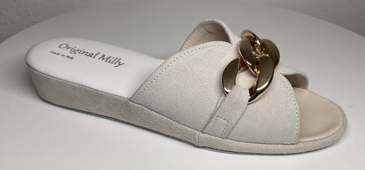0106 Camoscio Bianco con catena in Oro Suola Bufalo Ciabatte da camera Donna Original Milly Made in Italy