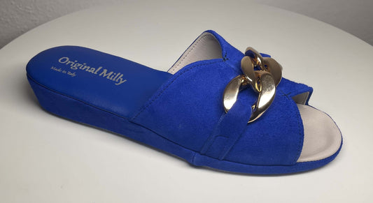 0106 Camoscio Blu con catena in Oro Suola Bufalo Ciabatte da camera Donna Original Milly Made in Italy