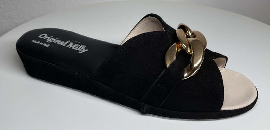 0106 Camoscio Nero con catena in Oro Suola Bufalo Ciabatte da camera Donna Original Milly Made in Italy