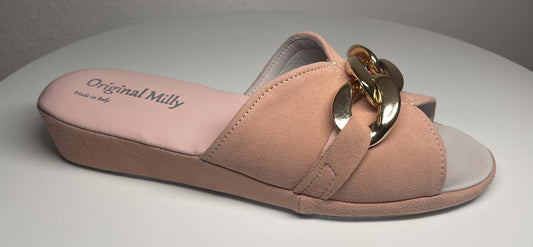 0106 Camoscio Pesca con catena in Oro Suola Bufalo Ciabatte da camera Donna Original Milly Made in Italy