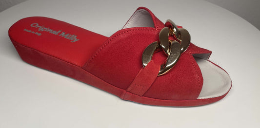 0106 Camoscio Rosso con catena in Oro Suola Bufalo Ciabatte da camera Donna Original Milly Made in Italy