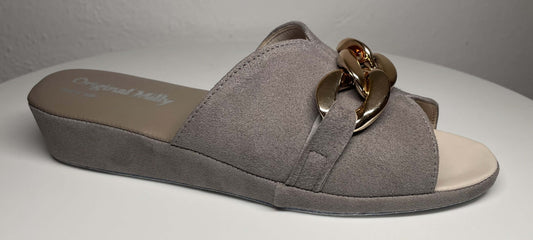0106 Camoscio Taupe con catena in Oro Suola Bufalo Ciabatte da camera Donna Original Milly Made in Italy