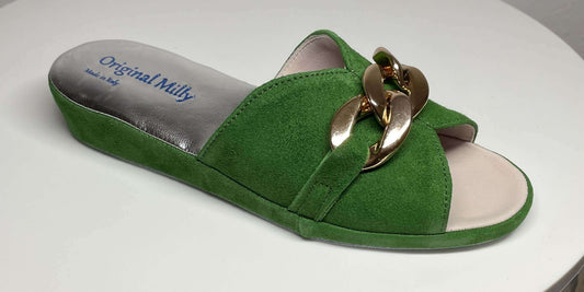 0106 Camoscio Verde con catena in oro Suola Bufalo Ciabatte da camera Donna Original Milly Made in Italy