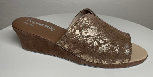 0112 Camoscio Taupe a Fiori Suola Bufalo Ciabatte da camera Donna Original Milly Made in Italy