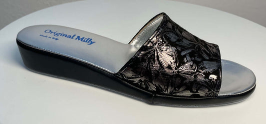 0204 Camoscio Nero a fiori Suola Bufalo Ciabatte da camera Donna Original Milly Made in Italy