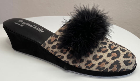 0300 Camoscio Leopardo con Piuma Suola Bufalo Ciabatte da camera Donna Original Milly Made in Italy