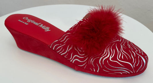 0300 Camoscio Zebrato Rosso con Piuma Suola Bufalo Ciabatte da camera Donna Original Milly Made in Italy
