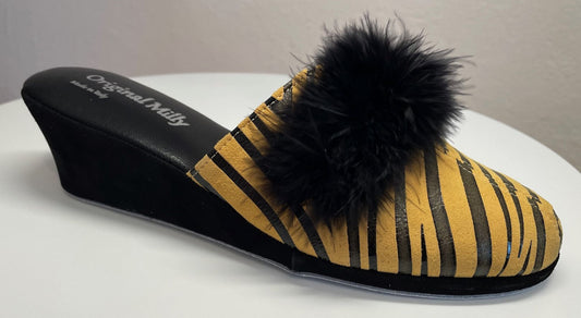 0300 Camoscio Zebrato Senape con Piuma Suola Bufalo Ciabatte da camera Donna Original Milly Made in Italy