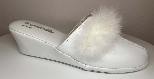 0300 Nappa e Camoscio Bianco con Piuma Suola Bufalo Ciabatte da camera Donna Original Milly Made in Italy
