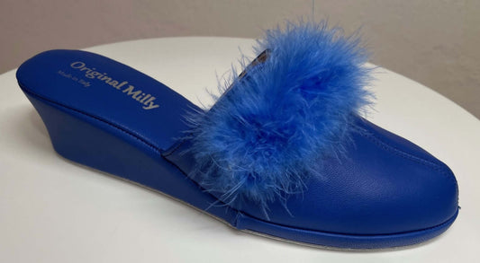 0300 Nappa e Camoscio Blu con Piuma Suola Bufalo Ciabatte da camera Donna Original Milly Made in Italy