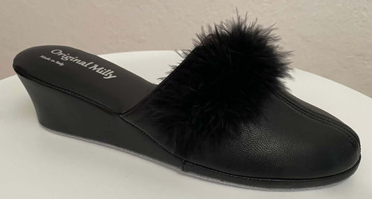 0300 Nappa e Camoscio Nero con Piuma Suola Bufalo Ciabatte da camera Donna Original Milly Made in Italy