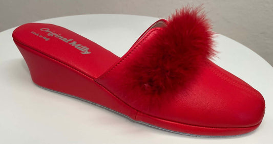 0300 Nappa e Camoscio Rosso con Piuma Suola Bufalo Ciabatte da camera Donna Original Milly Made in Italy