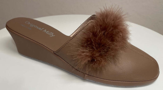 0300 Nappa e Camoscio Taupe con Piuma Suola Bufalo Ciabatte da camera Donna Original Milly Made in Italy