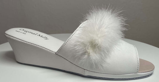 0301 Nappa e Camoscio Bianco con Piuma Suola Bufalo Ciabatte da camera Donna Original Milly Made in Italy
