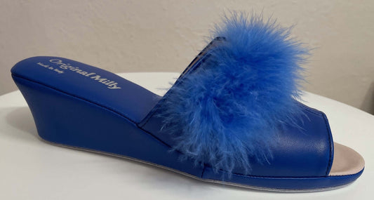 0301 Nappa e Camoscio Blu con Piuma Suola Bufalo Ciabatte da camera Donna Original Milly Made in Italy