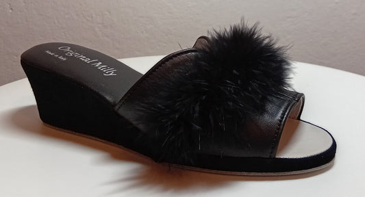 0301 Nappa e Camoscio Nero con Piuma Suola Bufalo Ciabatte da camera Donna Original Milly Made in Italy