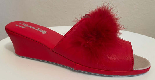 0301 Nappa e Camoscio Rosso con Piuma Suola Bufalo Ciabatte da camera Donna Original Milly Made in Italy