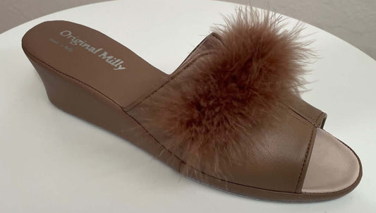 0301 Nappa e Camoscio Taupe con Piuma Suola Bufalo Ciabatte da camera Donna Original Milly Made in Italy