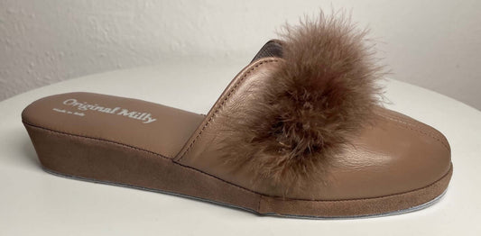 0303 Nappa e Camoscio Taupe con Piuma Suola Bufalo Ciabatte da camera Donna Original Milly Made in Italy
