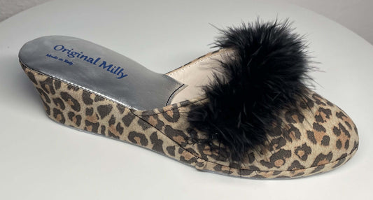 0310 Camoscio Leopardo con piuma Suola Bufalo Ciabatte da camera Donna Original Milly Made in Italy
