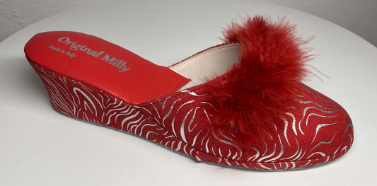 0310 Camoscio Zebrato Rosso con piuma Suola Bufalo Ciabatte da camera Donna Original Milly Made in Italy