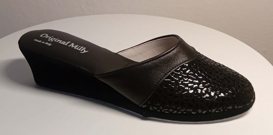 0350 Nappa e Camoscio Stampato Nero Suola Bufalo Ciabatte da camera Donna Original Milly Made in Italy